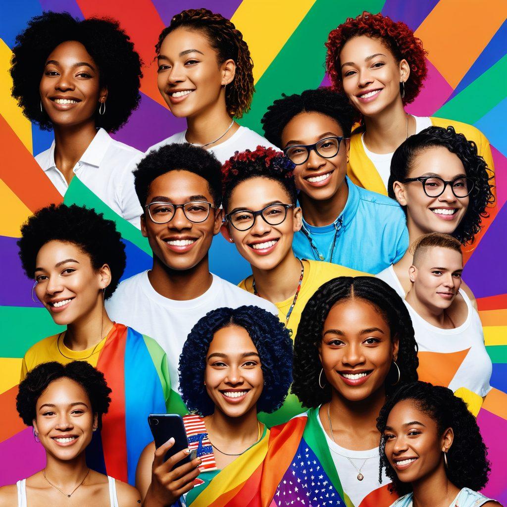 A vibrant digital collage celebrating queer pride, featuring diverse individuals of various ethnicities and gender expressions joyfully connected through colorful digital devices and flags. The background should have elements like rainbows, circuit patterns, and graffiti art that symbolize inclusivity and creativity. A sense of unity and festivity should be emphasized in the composition. super-realistic. vibrant colors. dynamic layout.