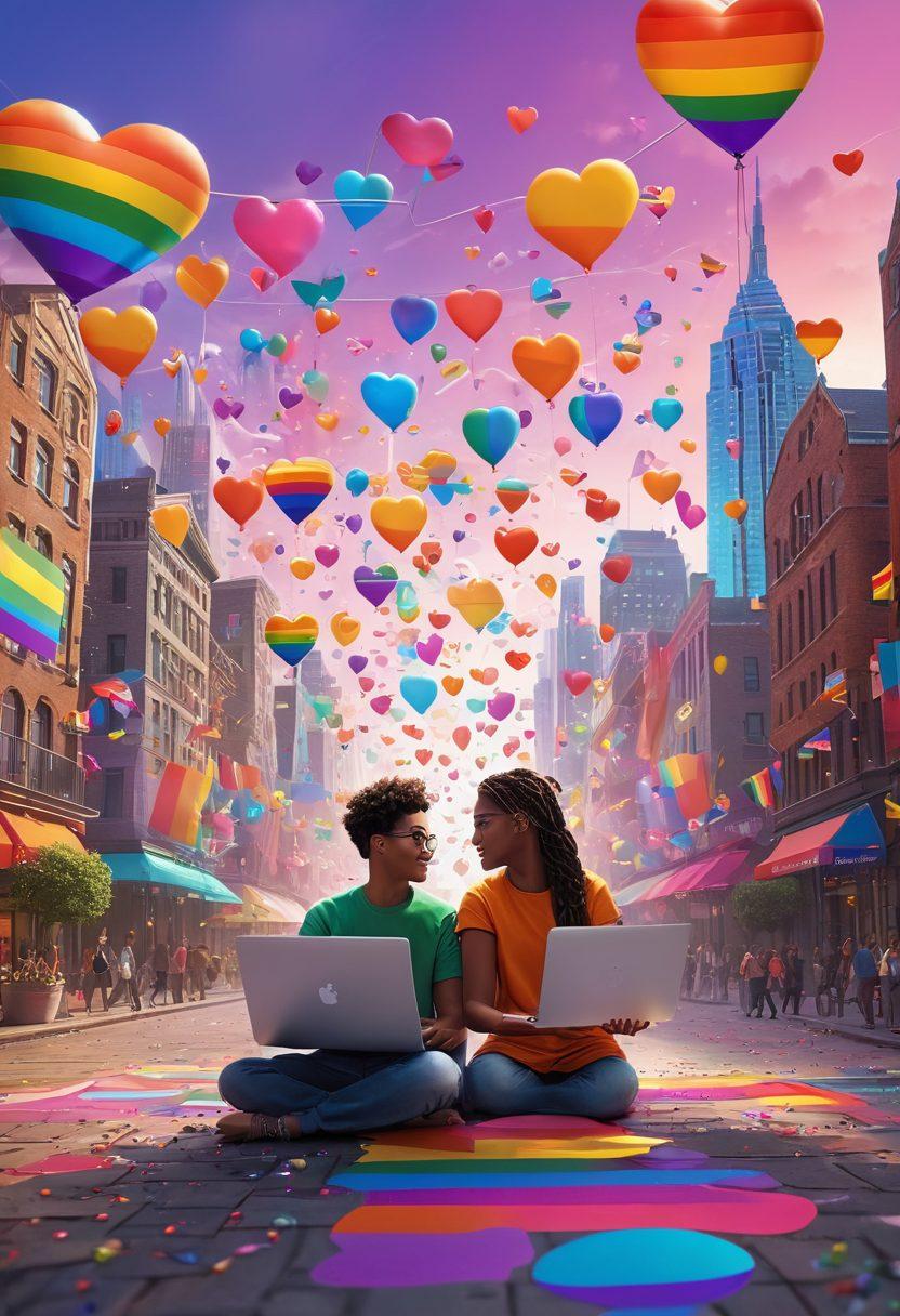A vibrant digital landscape filled with colorful pride flags and diverse LGBTQ+ symbols, depicting a group of people of various gender identities and ethnicities connecting over laptops and smartphones. The atmosphere exudes joy and inclusivity, with colorful virtual chat bubbles and hearts floating around. The background showcases a futuristic cityscape representing the digital world. super-realistic. vibrant colors. 3D.