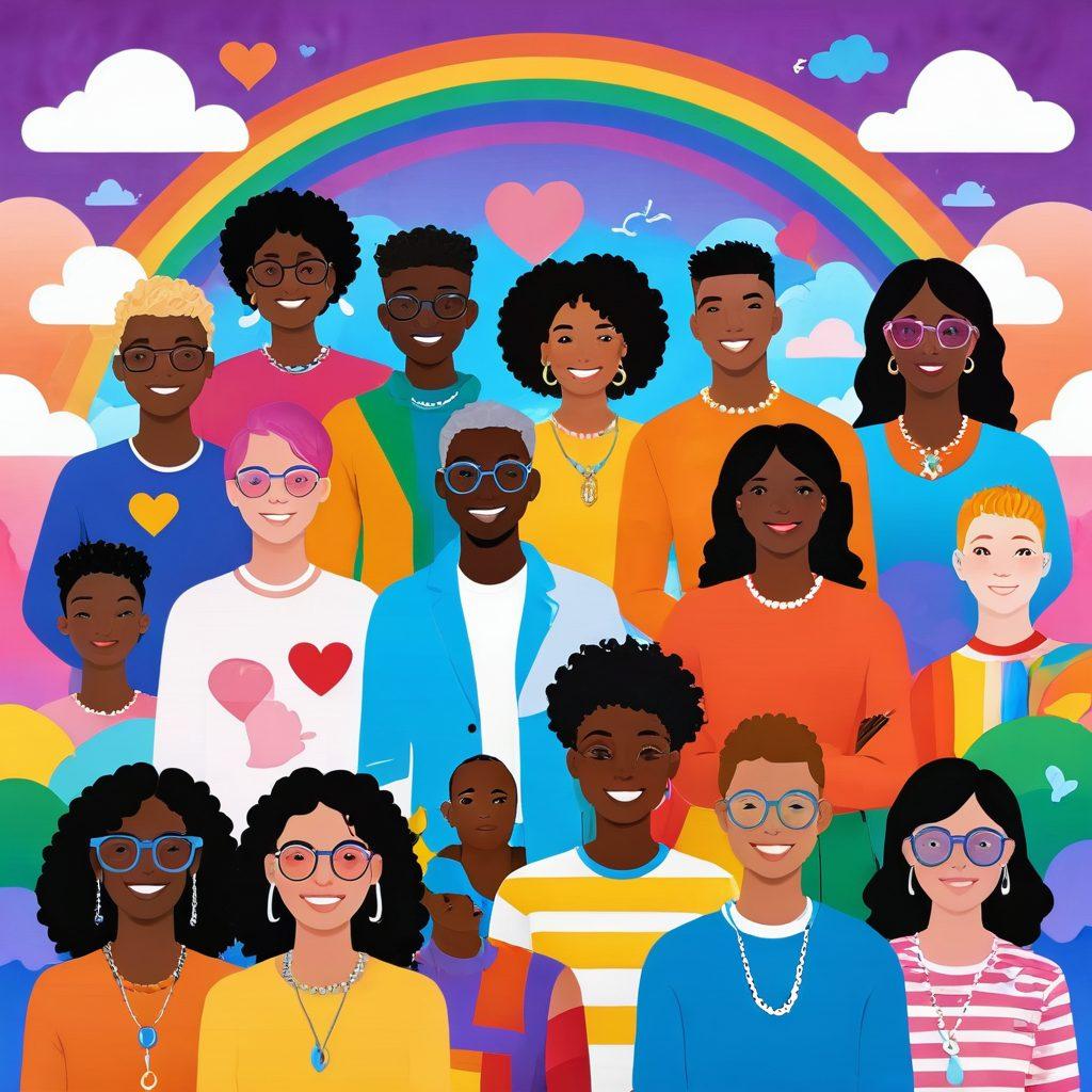 A digital gathering of diverse LGBTQ+ individuals in a vibrant virtual space, each represented by unique avatars displaying different styles and expressions. Surrounding them are colorful, animated icons symbolizing friendship, such as hearts and linked chains. The background features a whimsical digital landscape with rainbow colors and whimsical clouds, symbolizing inclusivity and joy. The overall composition should radiate warmth and connection, showcasing a strong sense of community. vibrant colors. 3D.